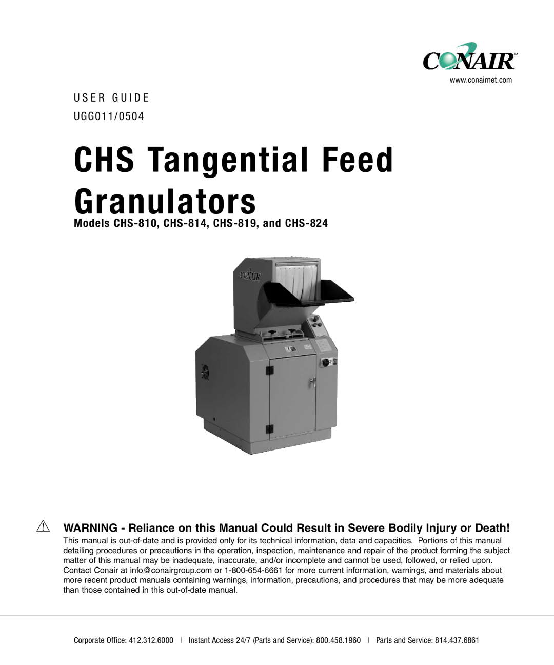 Conair manual CHS Tangential Feed Granulators, Models CHS-810, CHS-814, CHS-819, and CHS-824 