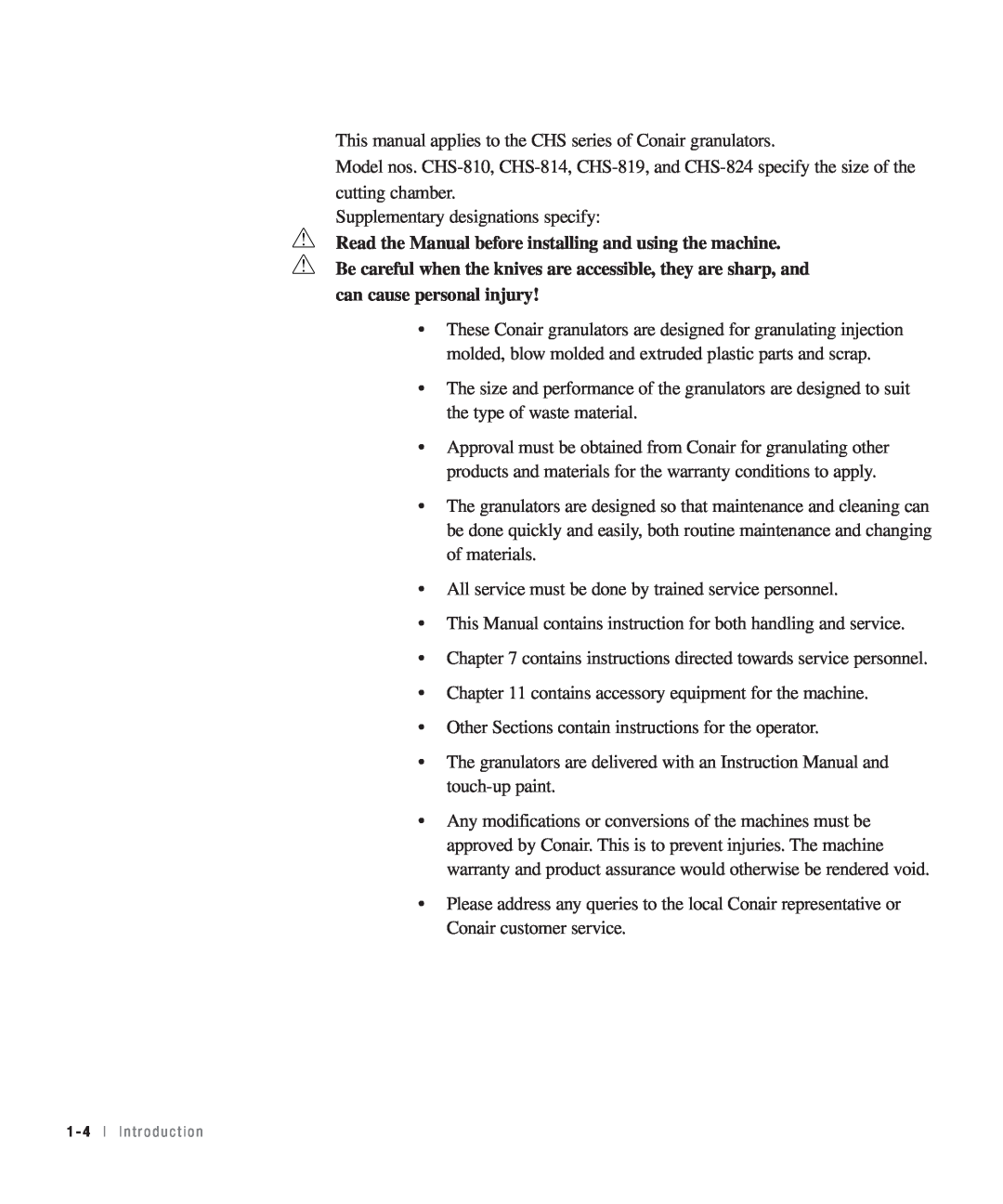 Conair CHS-810 This manual applies to the CHS series of Conair granulators 