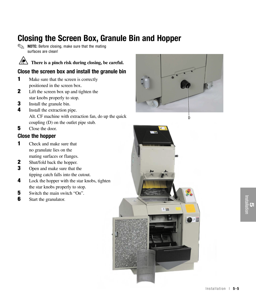 Conair CHS-810 manual Closing the Screen Box, Granule Bin and Hopper, Close the screen box and install the granule bin 