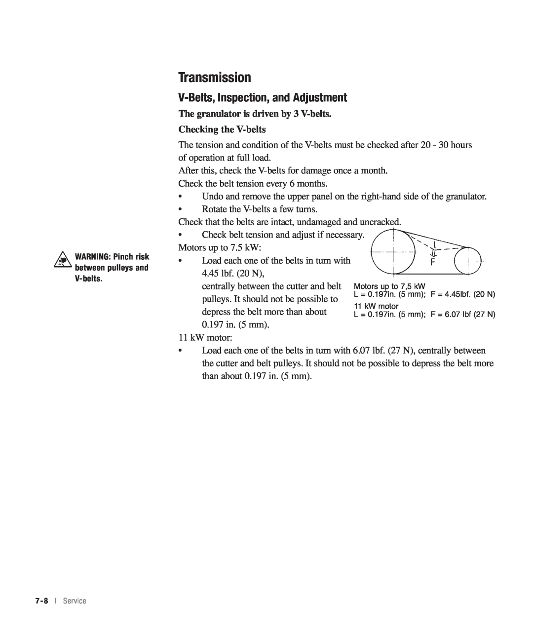 Conair CHS-810 manual Transmission, V-Belts, Inspection, and Adjustment 