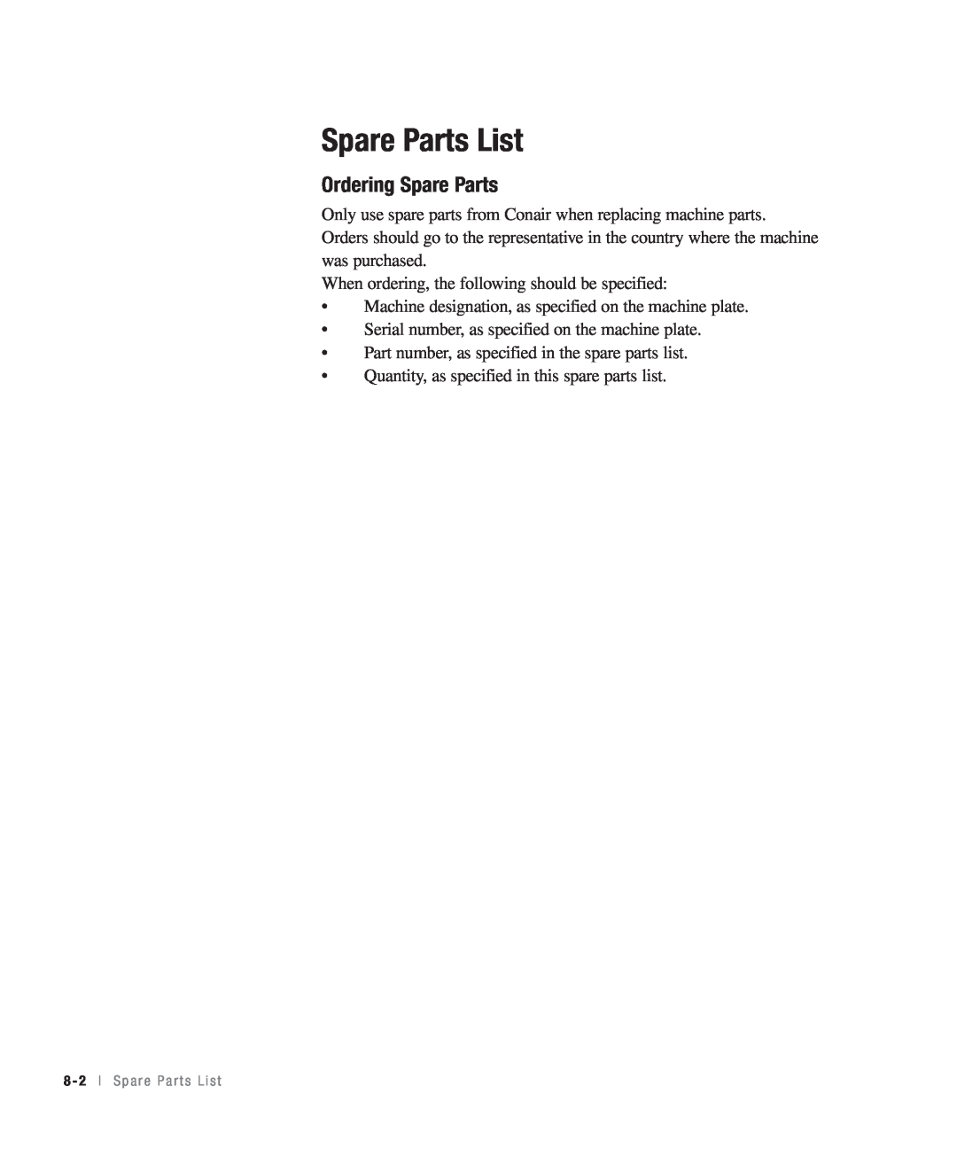 Conair CHS-810 manual Spare Parts List, Ordering Spare Parts 