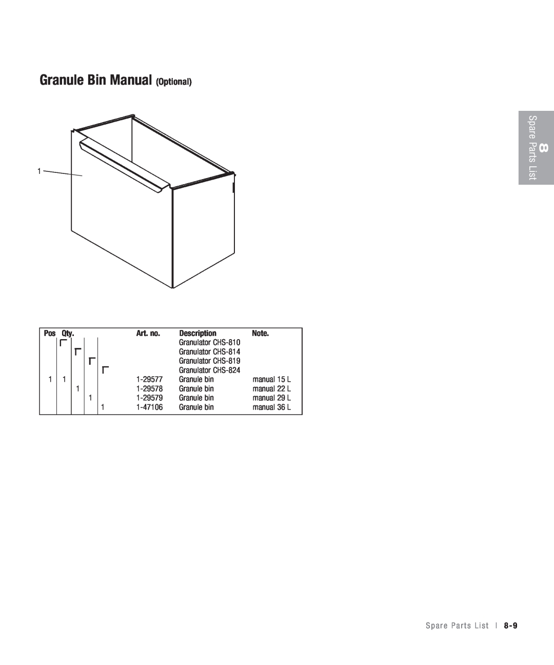 Conair CHS-810 manual Granule Bin Manual Optional, Art. no, Description, Spare Parts, List, S p a r e P a r t s L i s t l 8 