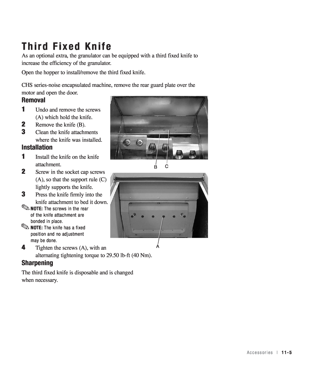 Conair CHS-810 manual Third Fixed Knife, Installation, Sharpening, Removal 