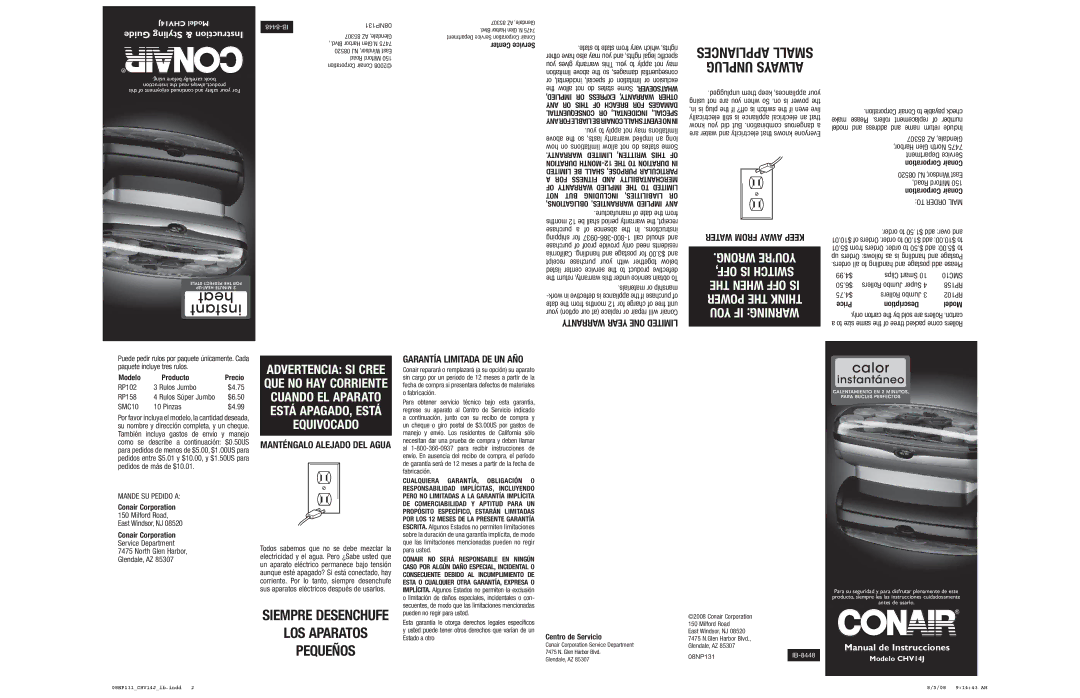 Conair CHV14J important safety instructions Garantía Limitada DE UN AÑO 