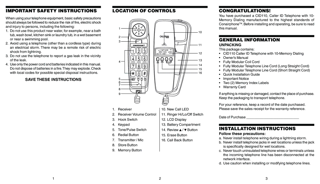 Conair CID110 owner manual General Information, Installation Instructions, Unpacking, Follow these precautions 