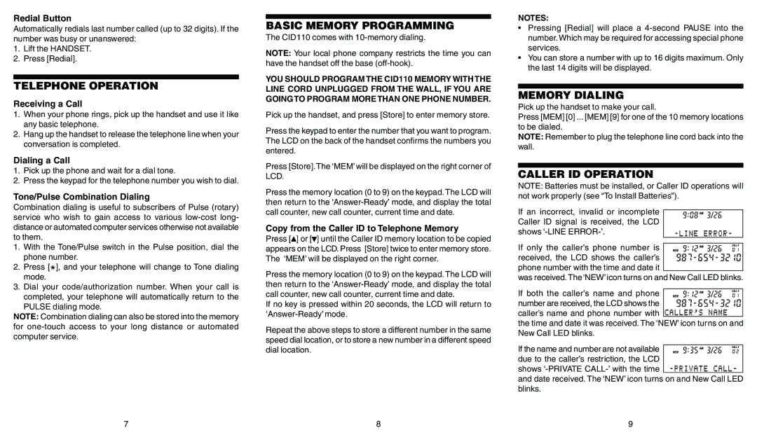 Conair CID110 owner manual Telephone Operation, Basic Memory Programming, Memory Dialing, Caller ID Operation 