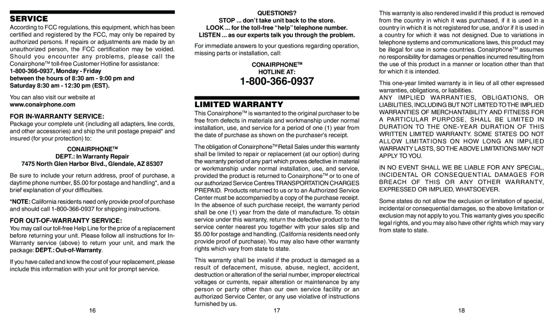 Conair CID110 owner manual Limited Warranty, For IN-WARRANTY Service, For OUT-OF-WARRANTY Service 