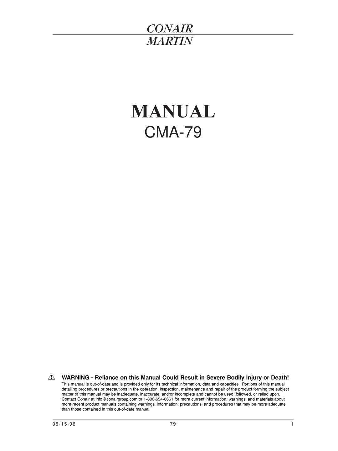 Conair CMA-79 manual Manual 