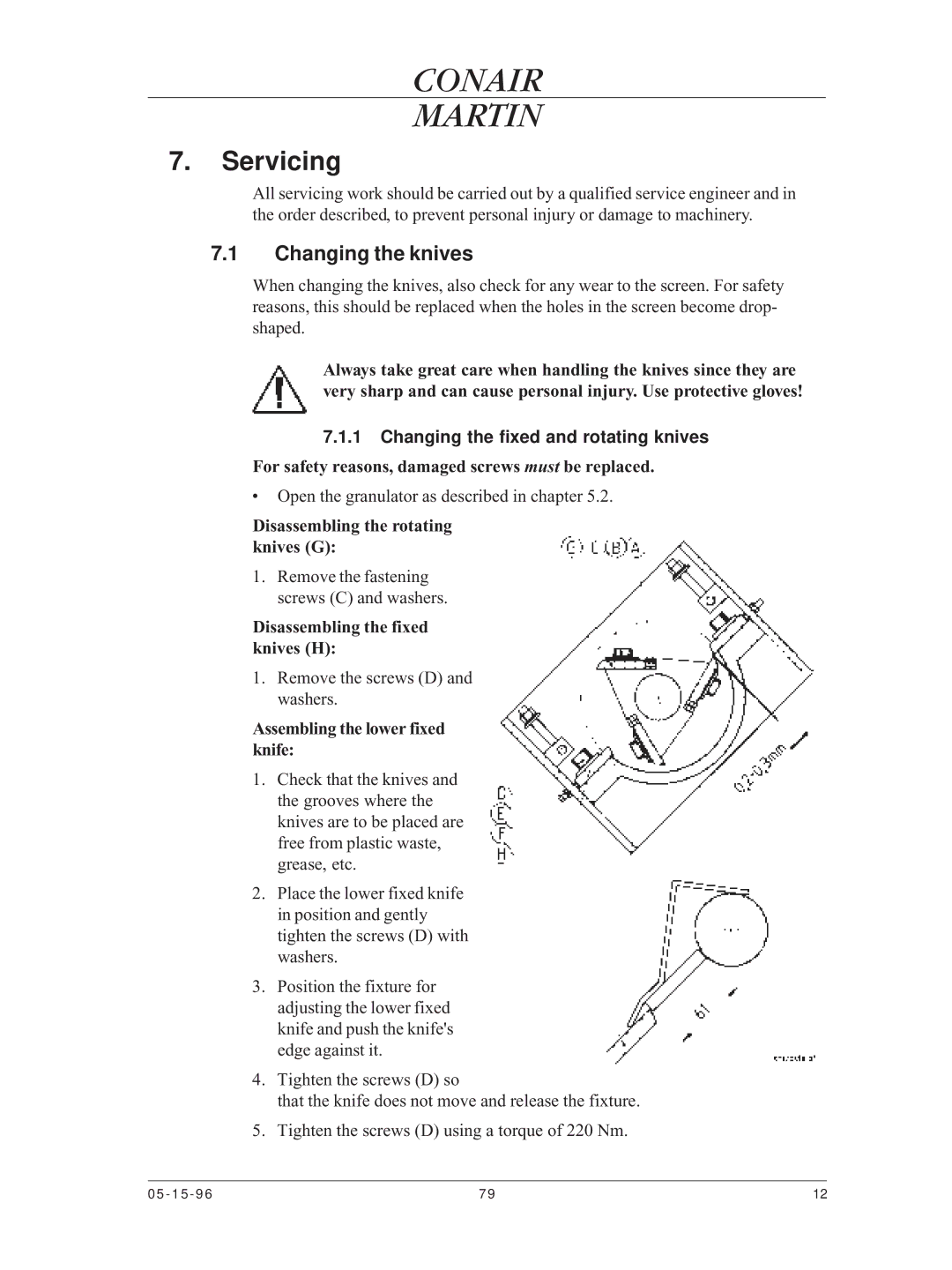 Conair CMA-79 manual Servicing, Changing the knives, Changing the fixed and rotating knives 