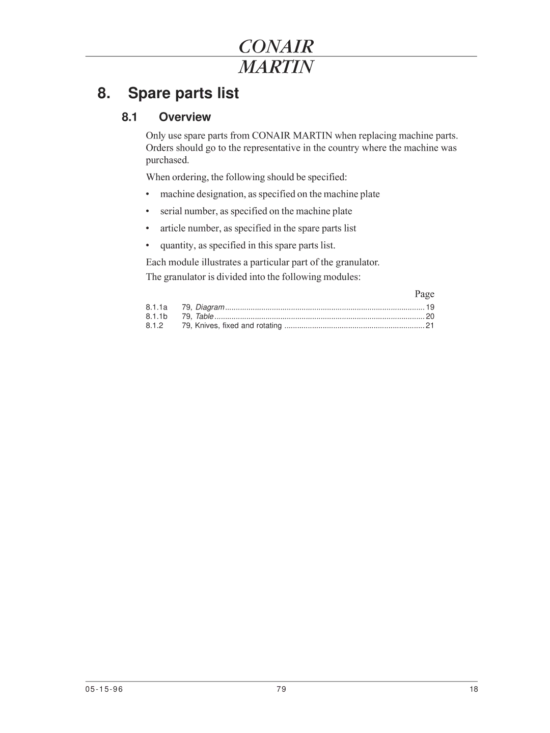 Conair CMA-79 manual Spare parts list, Overview 