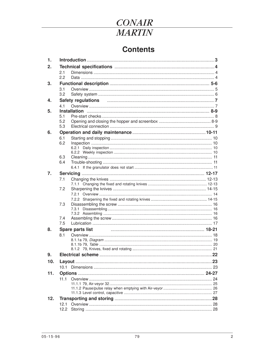 Conair CMA-79 manual Contents 