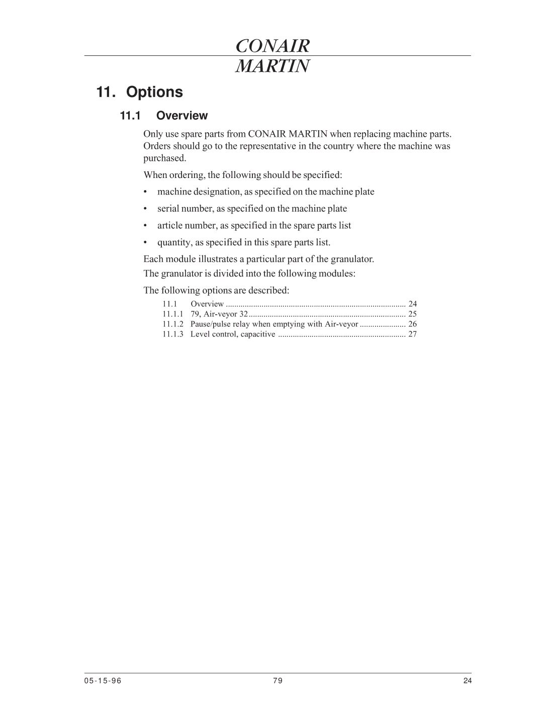 Conair CMA-79 manual Options, Overview 