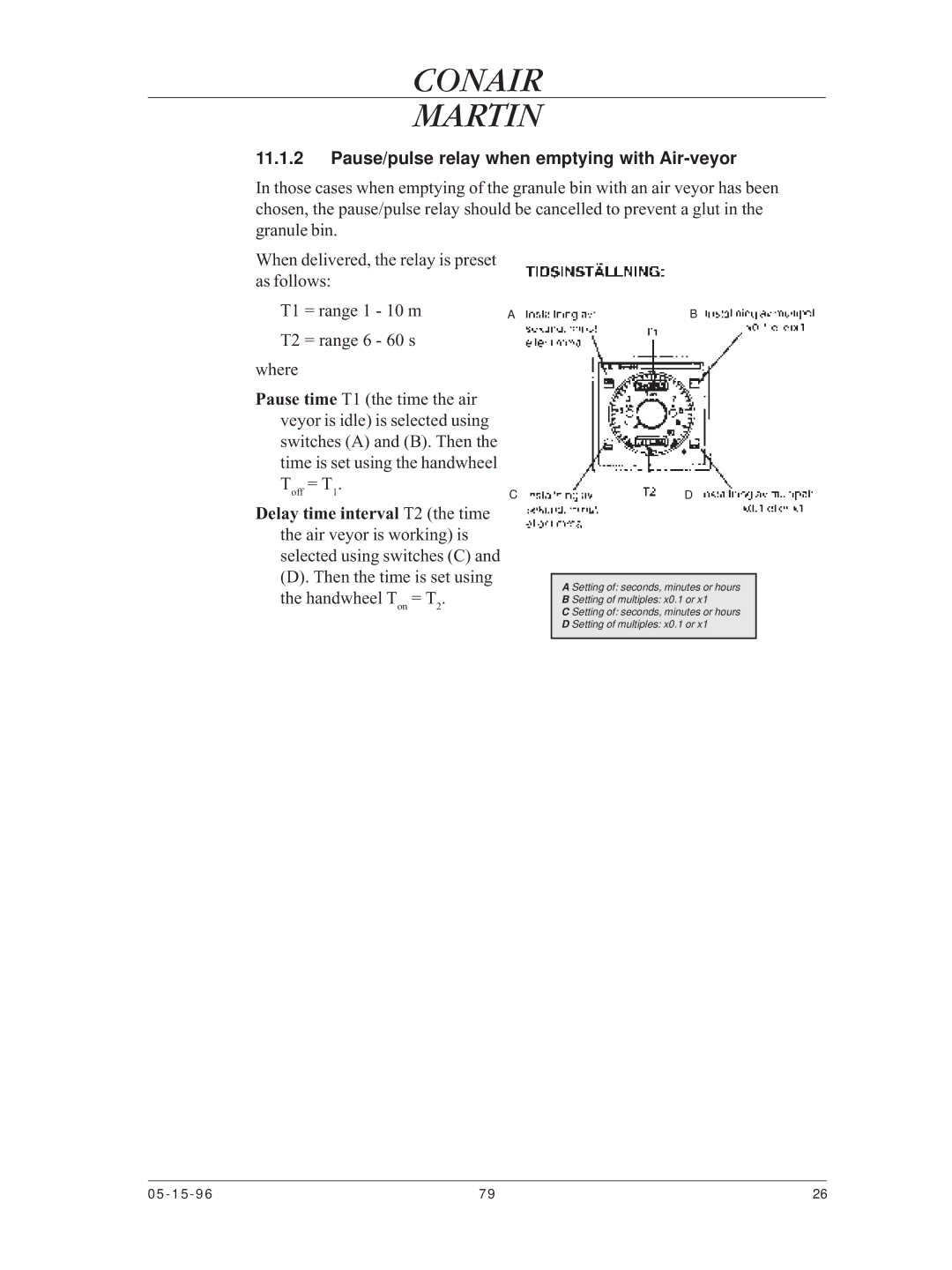 Conair CMA-79 manual Pause/pulse relay when emptying with Air-veyor, Delay time interval T2 the time 