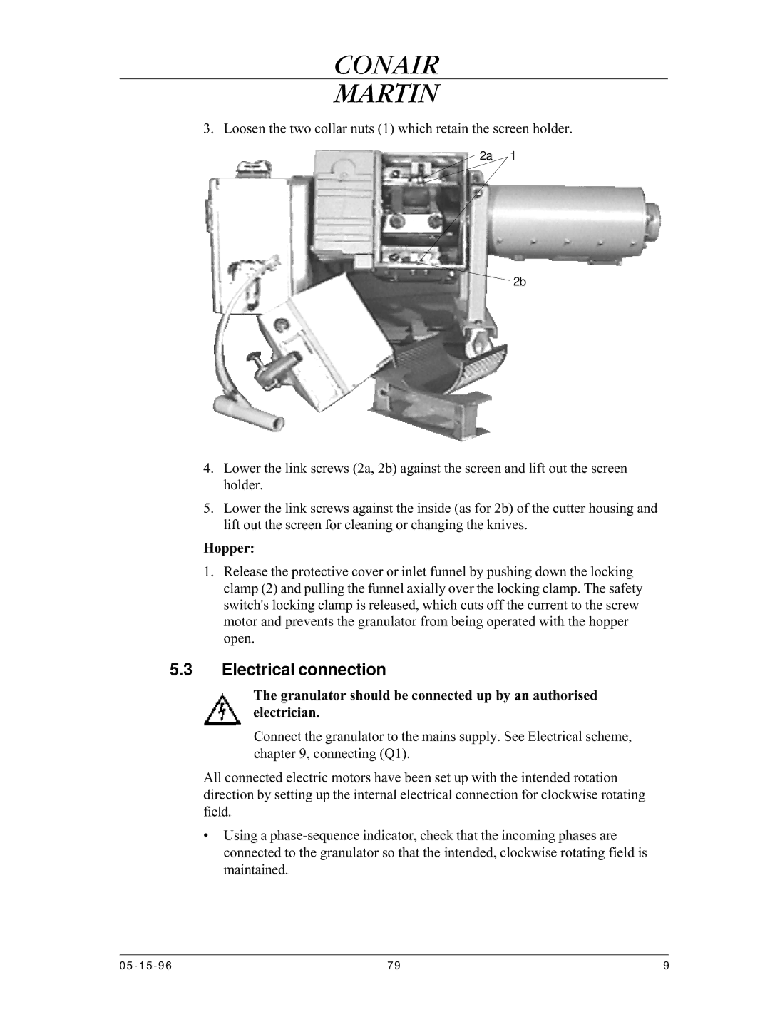 Conair CMA-79 manual Electrical connection, Hopper 