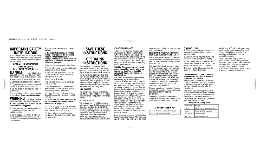 Conair CS13CSC important safety instructions Save These Instructions Operating 