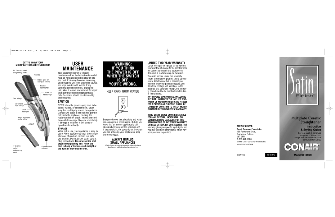 Conair CS13CSC important safety instructions User Maintenance, GET to Know Your Multiplate Straightening Iron, Storage 