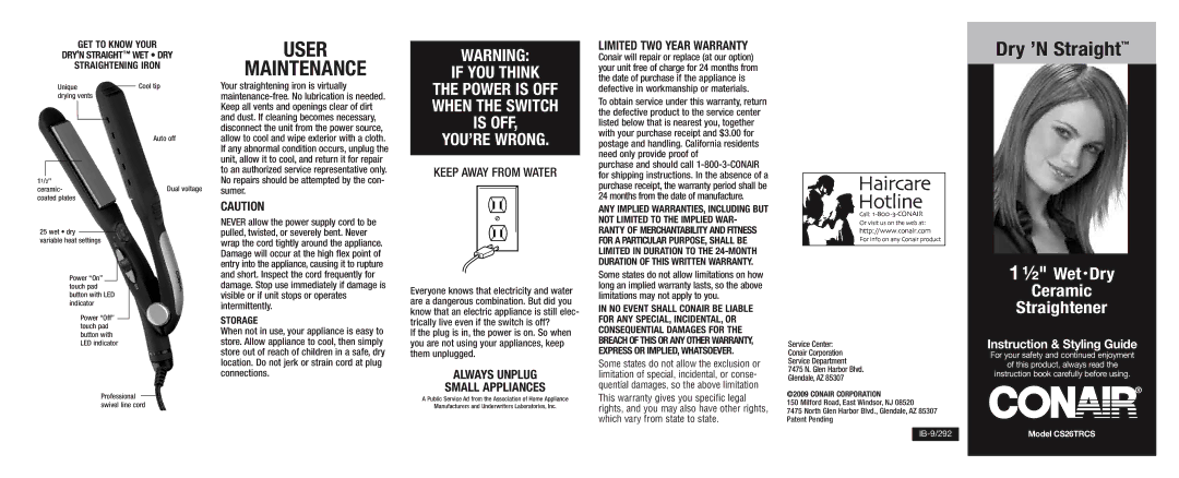 Conair CS26TRCS User Maintenance, Keep Away from Water, Always Unplug Small Appliances, Limited TWO Year Warranty 