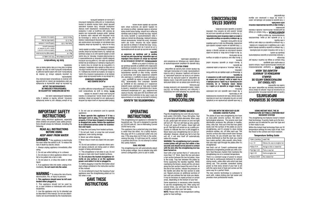 Conair CS3CS important safety instructions Importantes Seguridad DE Medidas, Read ALL Instructions Before Using 