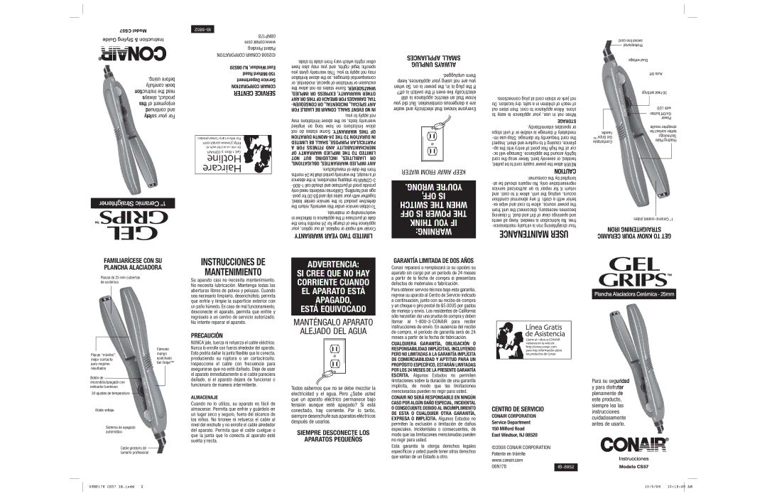 Conair CS57 Appliances Small Unplug Always, Water from Away Keep, Familiarícese CON SU Plancha Alaciadora, Precaución 