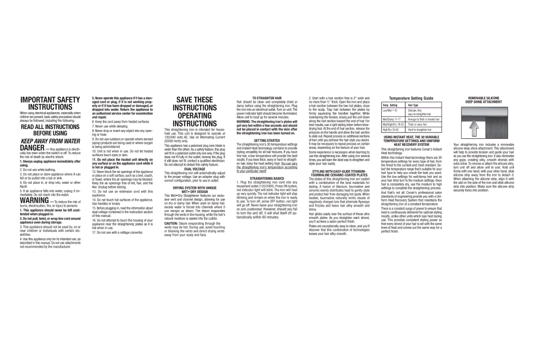 Conair CS66 important safety instructions Save These Instructions Operating 