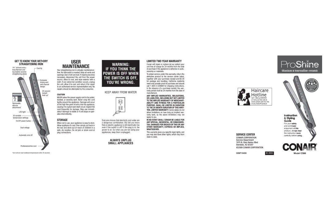 Conair CS66 important safety instructions User Maintenance, Conair Corporation 