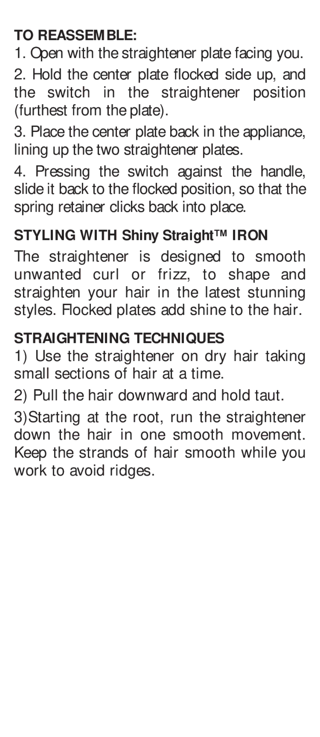 Conair CS7CSC manual To Reassemble, Straightening Techniques 