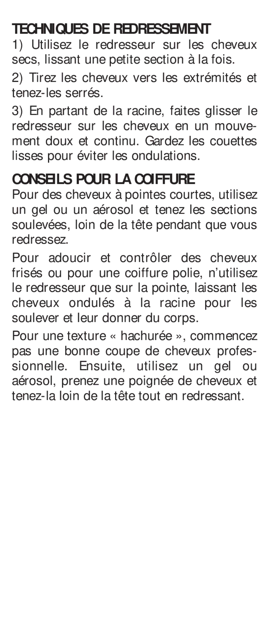 Conair CS7CSC manual Techniques DE Redressement, Conseils Pour LA Coiffure 