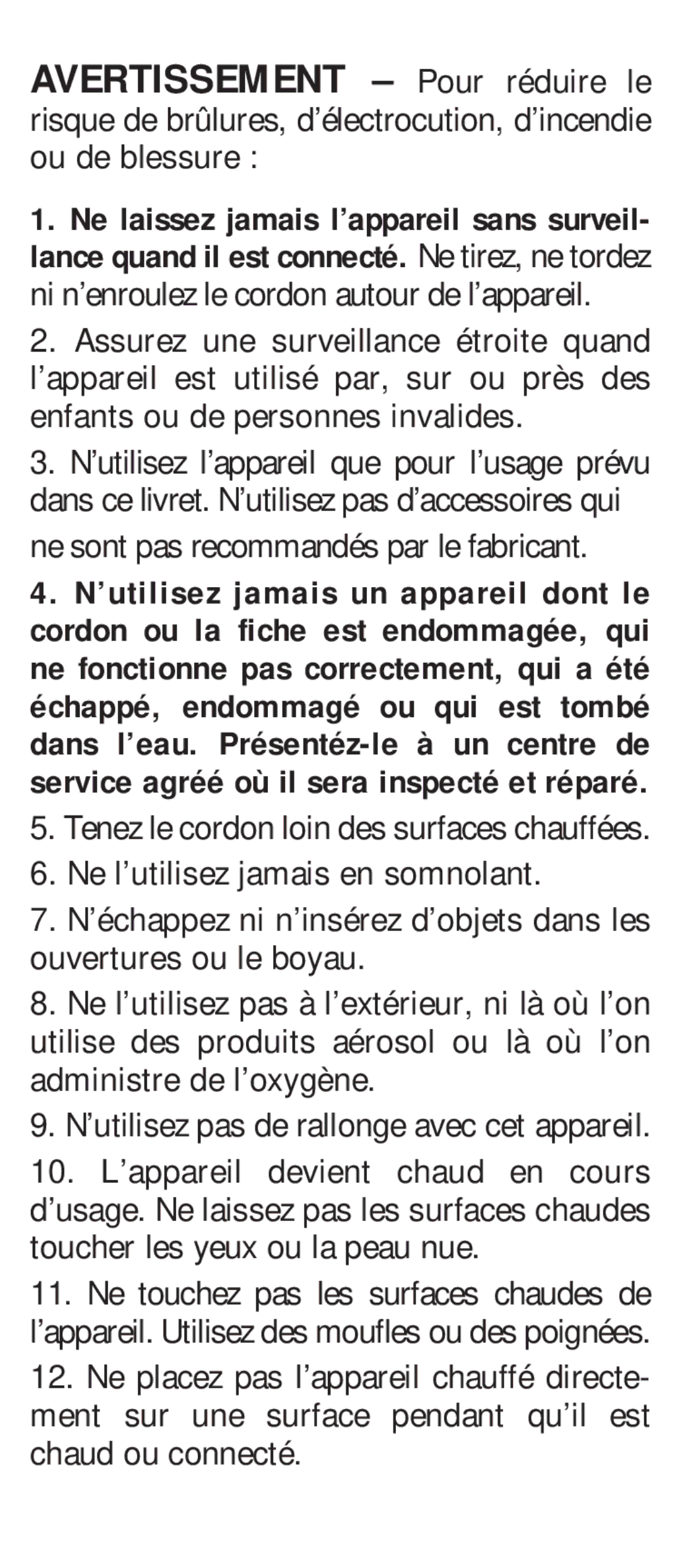 Conair CS7CSC manual Avertissement Pour réduire le 