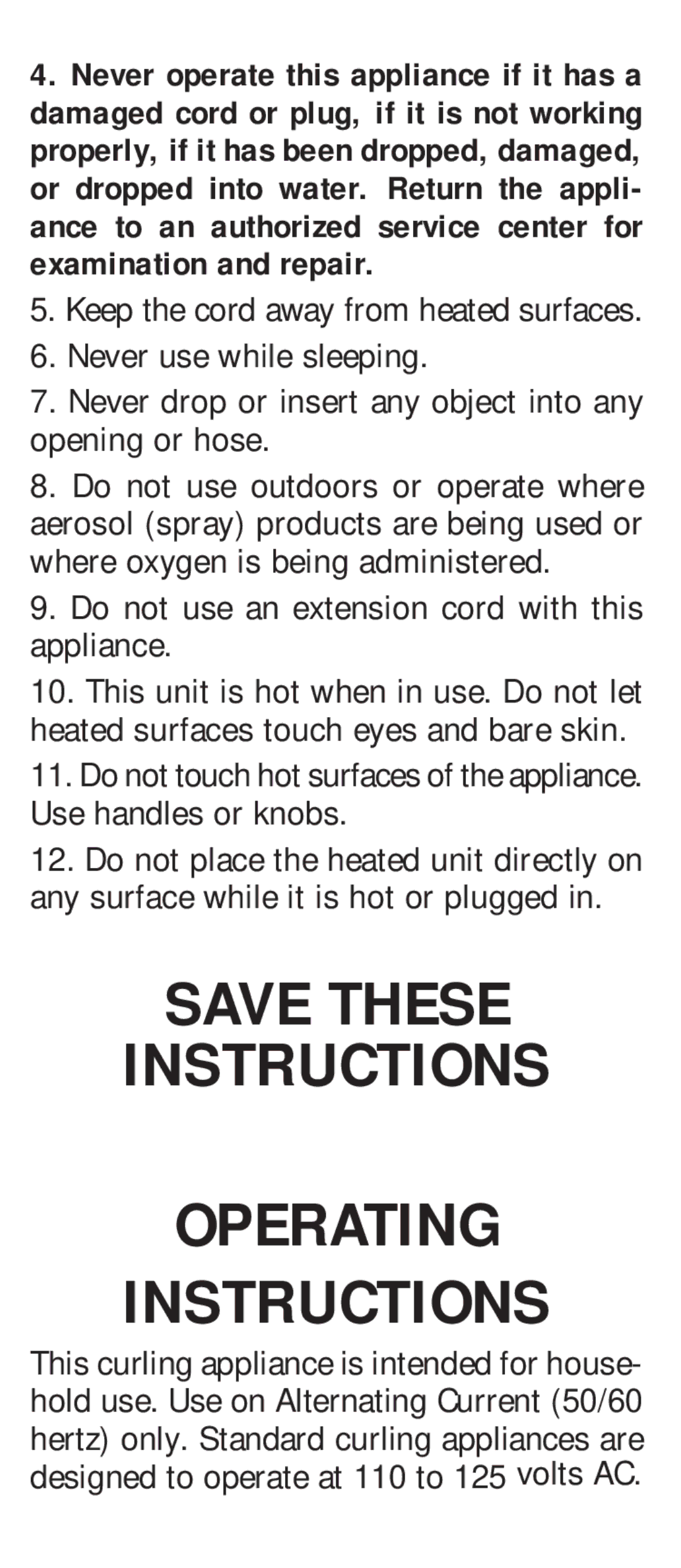 Conair CS7CSC manual Save These Instructions Operating 