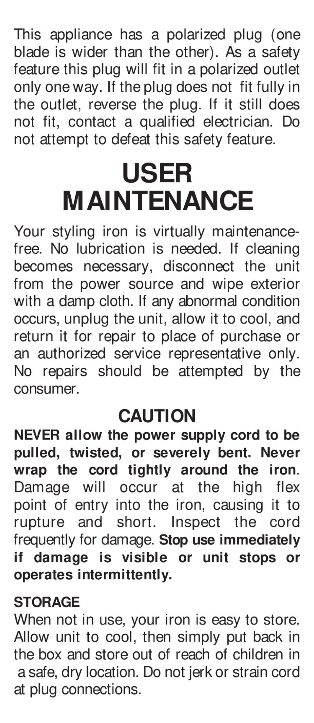 Conair CS7CSC manual User Maintenance, Storage 