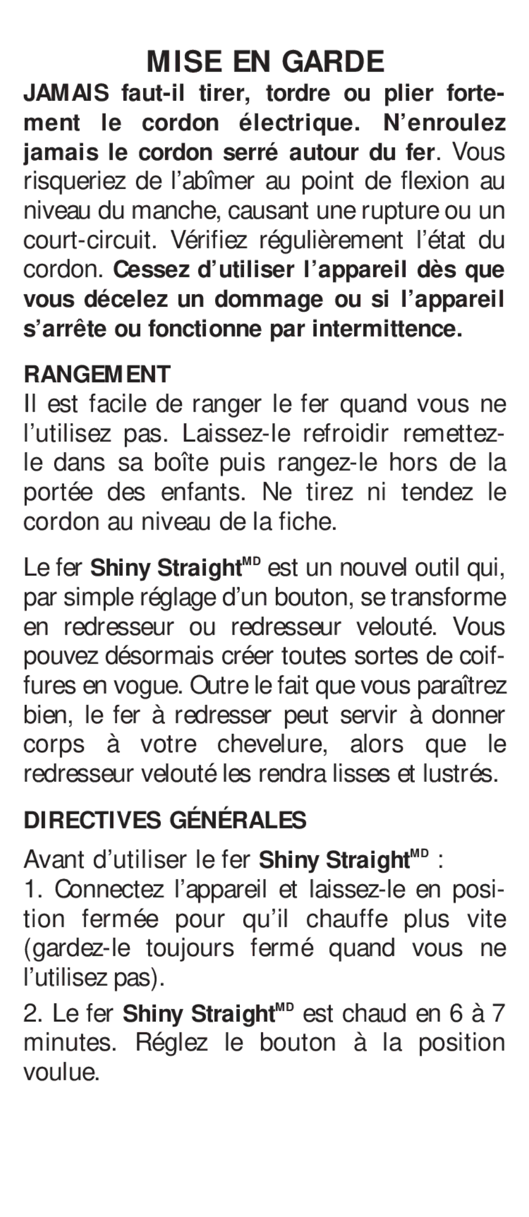 Conair CS7CSC manual Mise EN Garde, Rangement, Directives Générales 