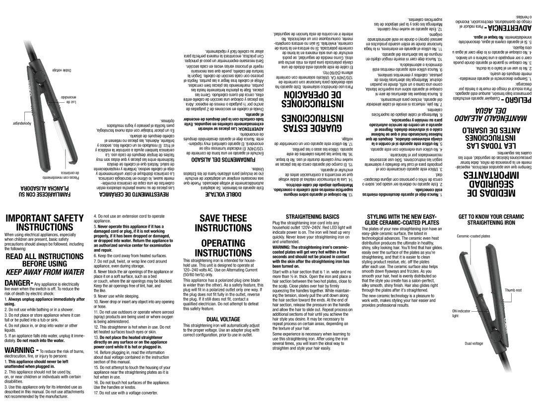 Conair CS86 important safety instructions Alisadora Plancha, SU CON Familiarícese, Voltaje Doble, Dual Voltage 