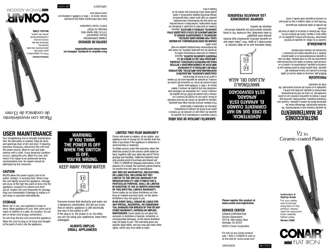 Conair CS86 important safety instructions Storage, Always Unplug Small Appliances Limited TWO-YEAR Warranty, Service Center 
