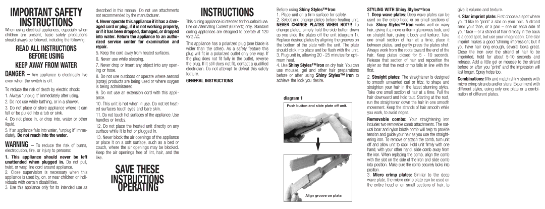 Conair CS9ACS important safety instructions Keep Away from Water, General Instructions 