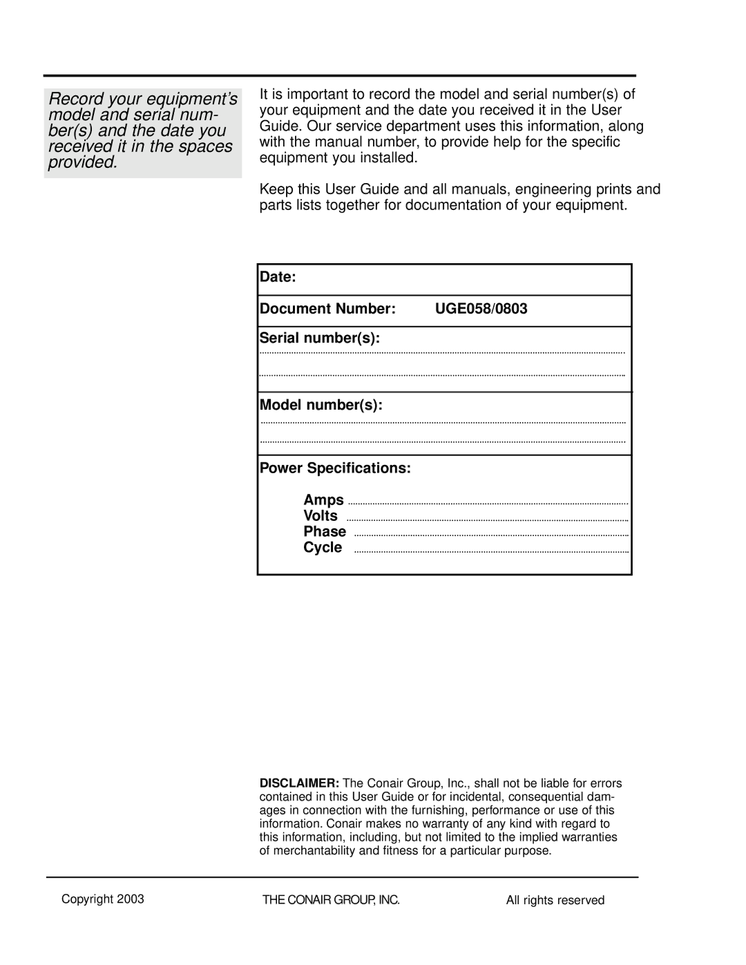 Conair CTS 5, CTS 9, CTS 7 manual Date Document Number 