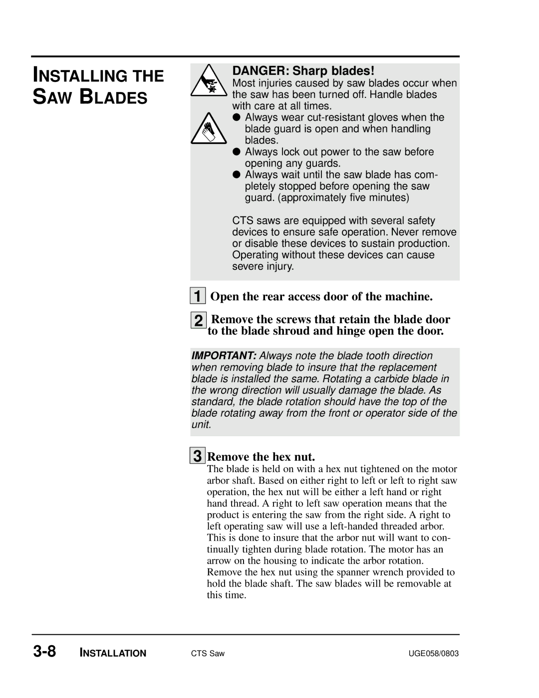 Conair CTS 5, CTS 9, CTS 7 manual Installing the SAW Blades, Remove the hex nut 