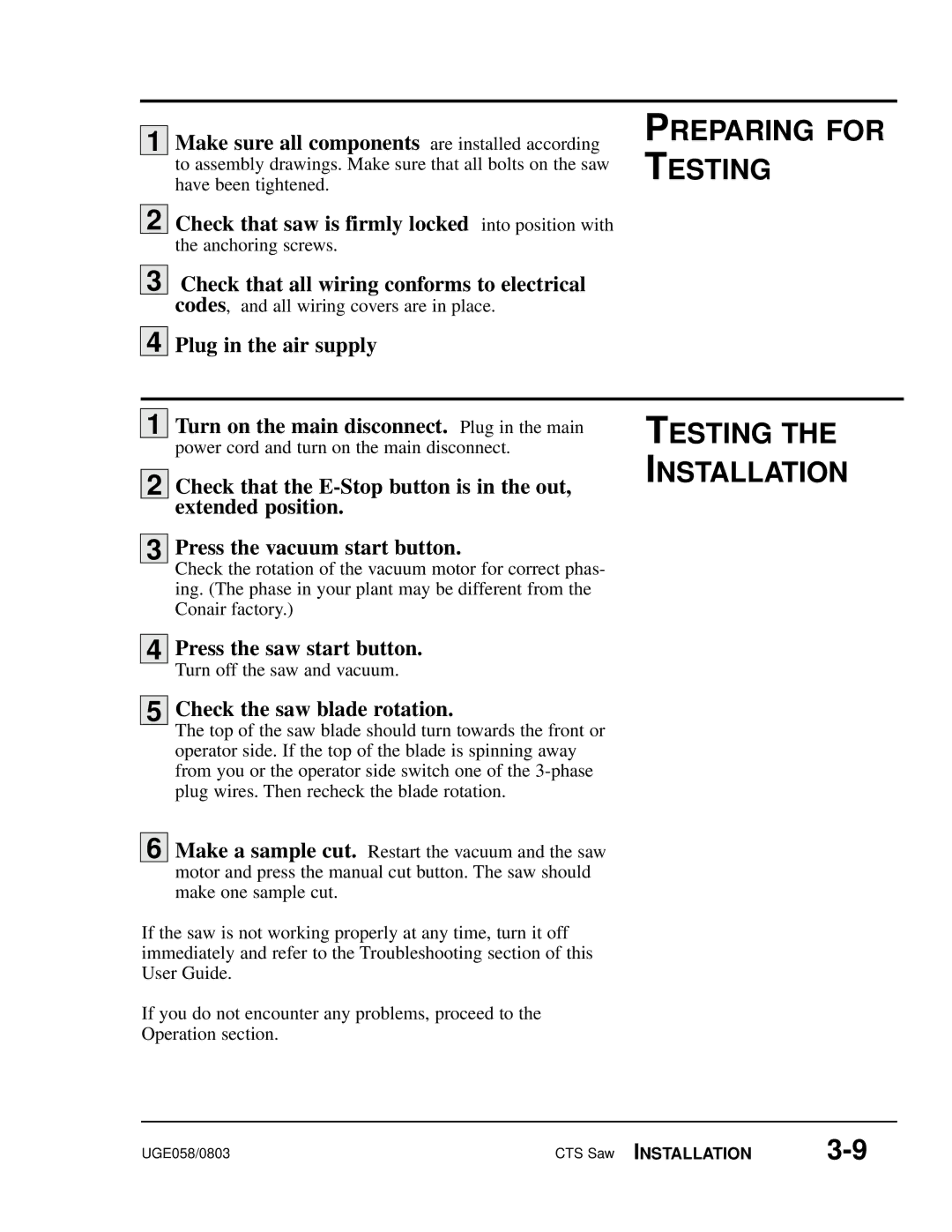 Conair CTS 9, CTS 7, CTS 5 manual Preparing for Testing, Testing the Installation 