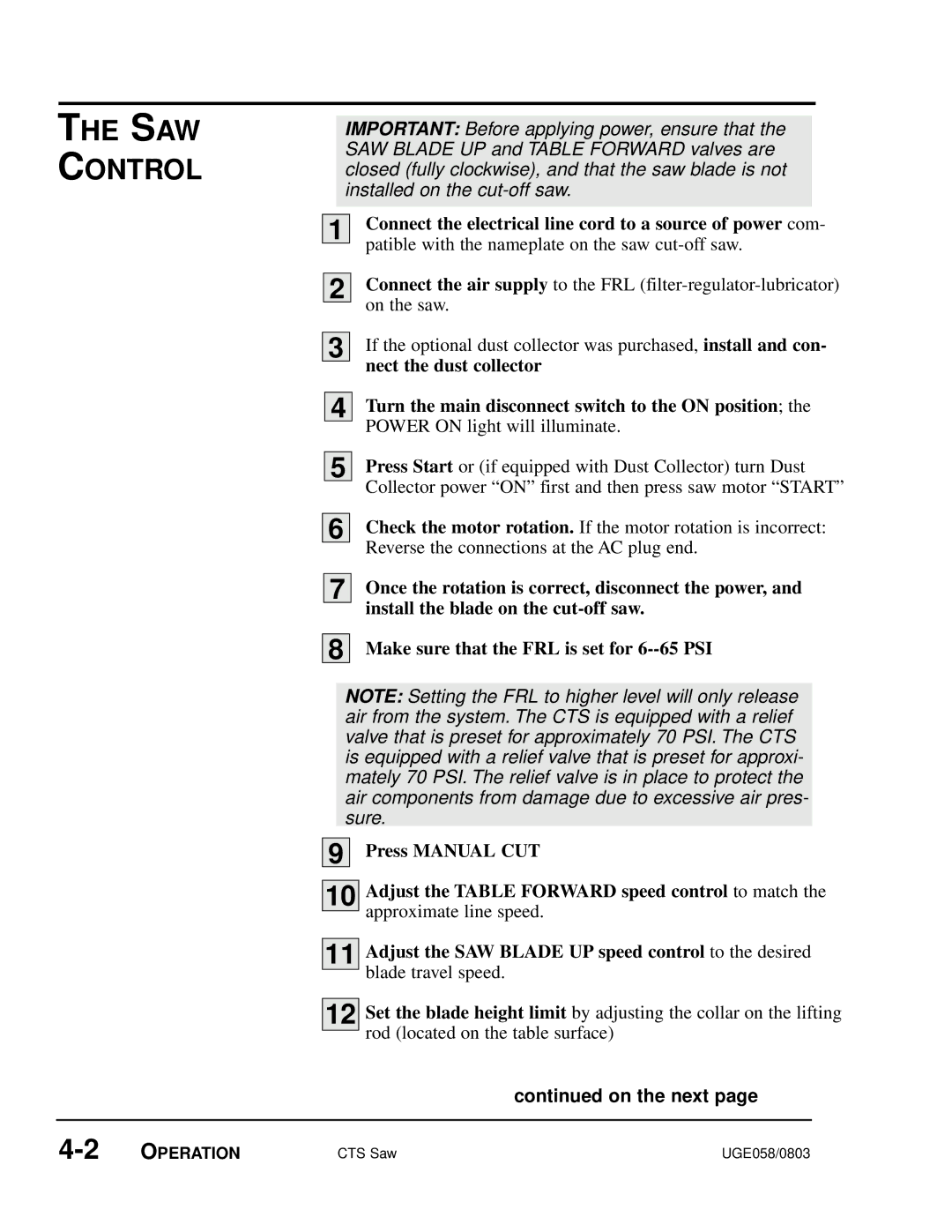 Conair CTS 9, CTS 7, CTS 5 manual SAW Control 