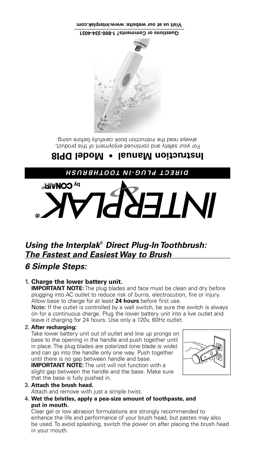 Conair instruction manual DPI8 Model Manual Instruction, Charge the lower battery unit, After recharging 