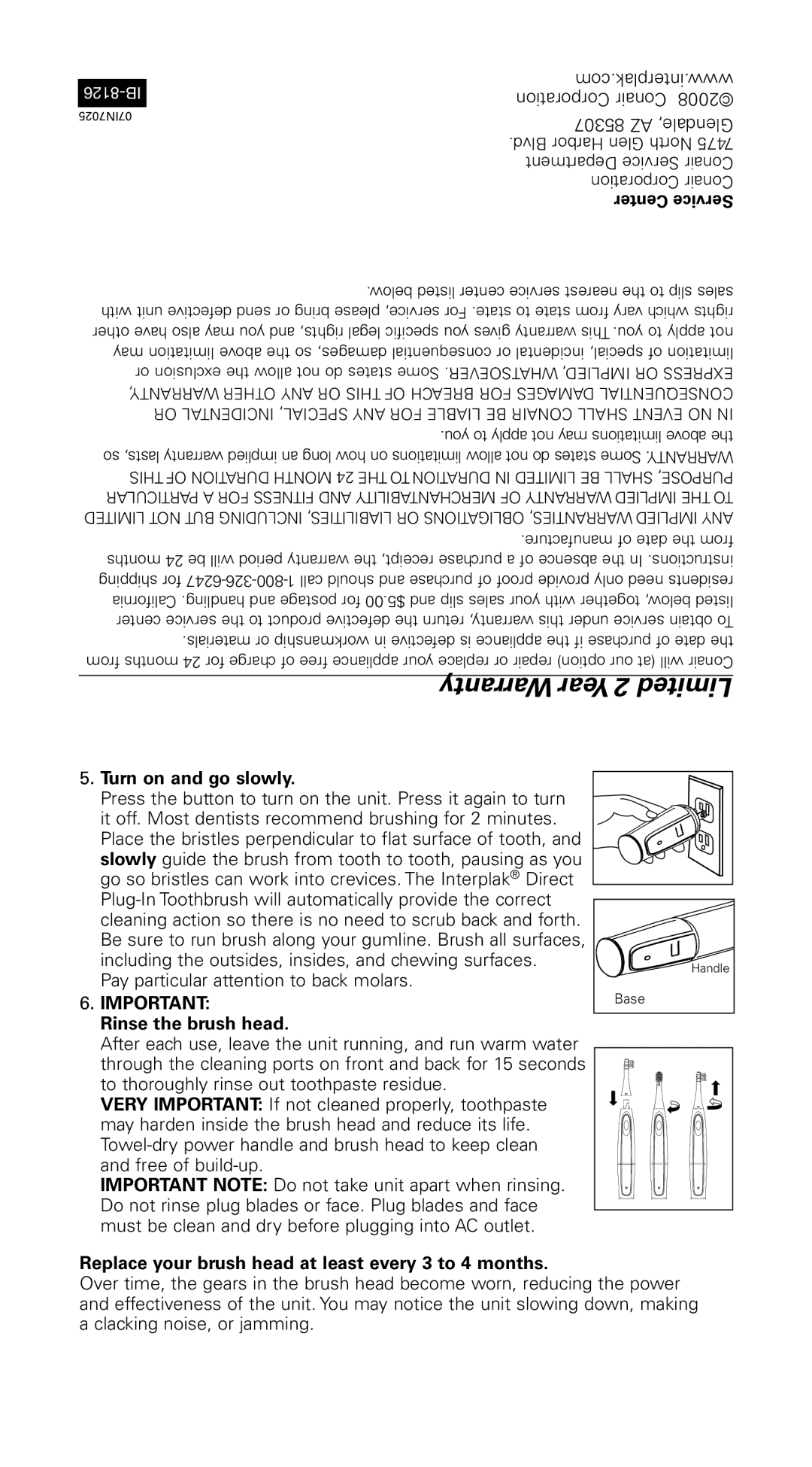 Conair DPI8 instruction manual Warranty Year 2 Limited, Turn on and go slowly, Rinse the brush head 