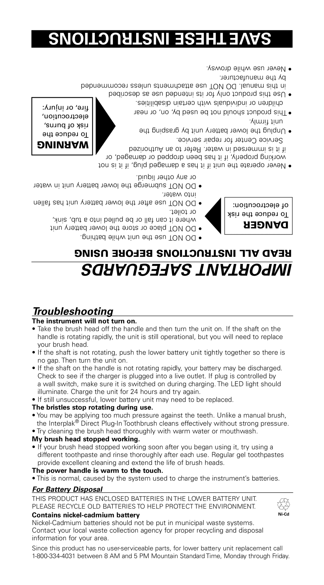 Conair DPI8 instruction manual Instructions These Save, Troubleshooting, For Battery Disposal 