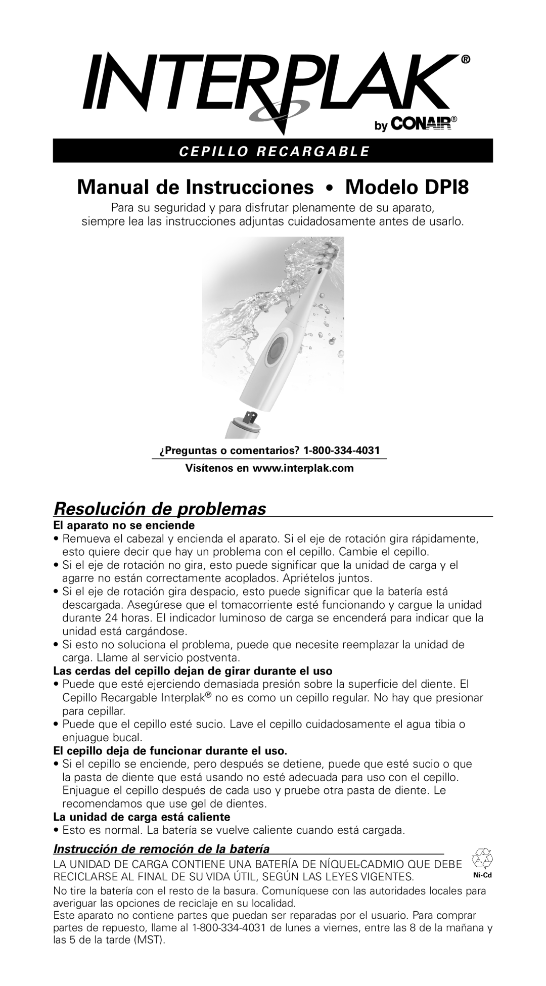 Conair Manual de Instrucciones Modelo DPI8, Resolución de problemas, Instrucción de remoción de la batería 