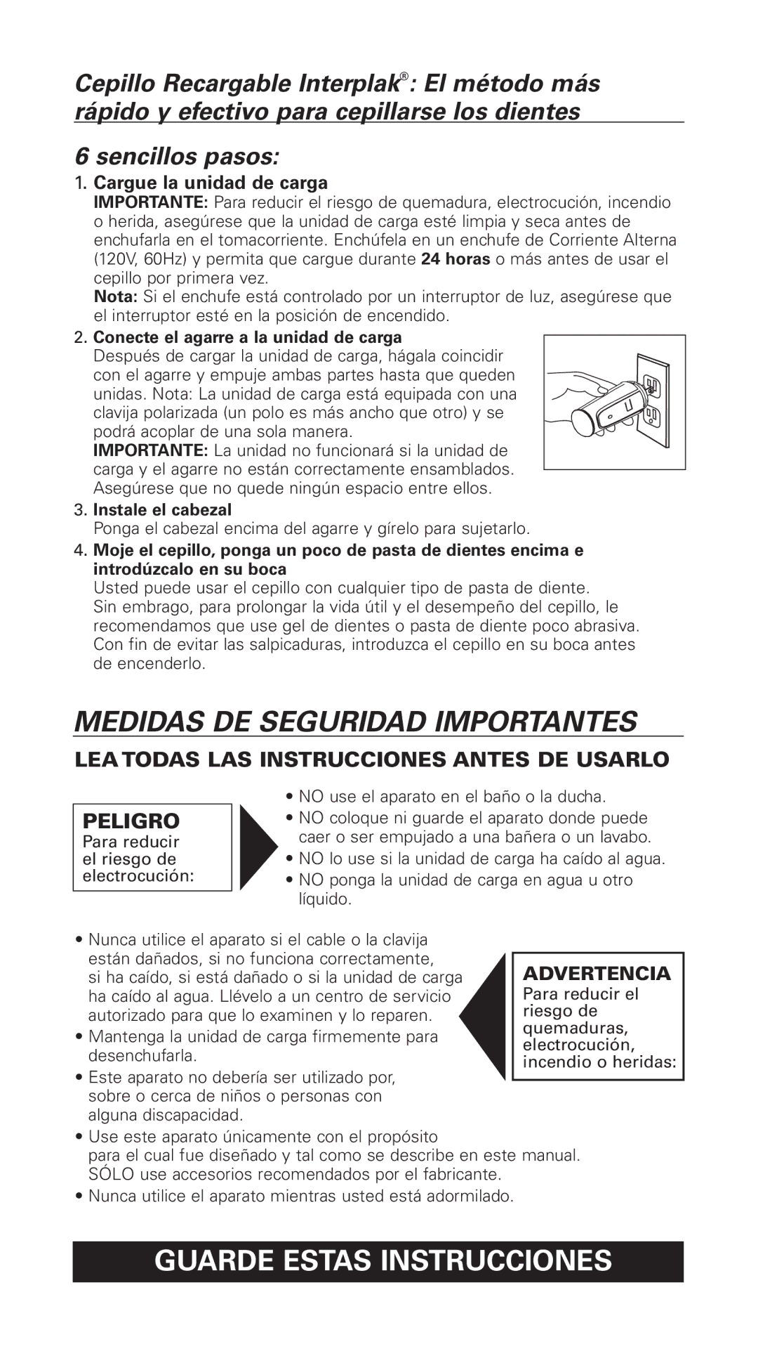 Conair DPI8 Guarde Estas Instrucciones, Cargue la unidad de carga, Conecte el agarre a la unidad de carga 