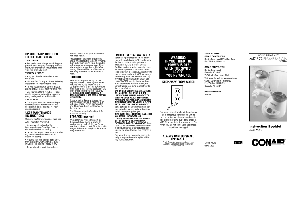 Conair Facial Steamer User Maintenance Instructions, Keep Away from Water, Always Unplug Small Appliances 