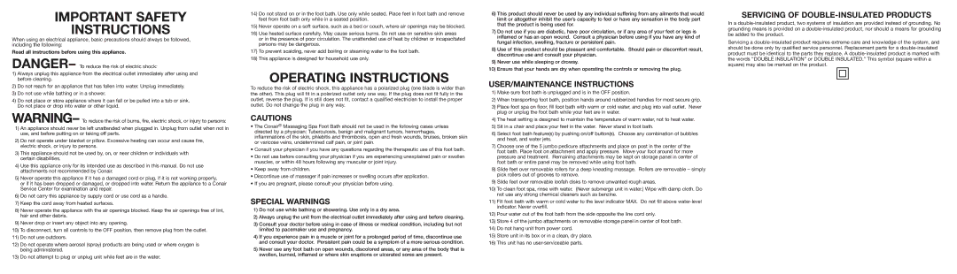 Conair FB33R operating instructions Important Safety Instructions, Operating Instructions, Special Warnings 