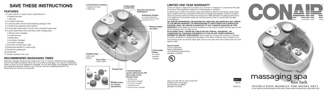 Conair FB33R operating instructions Features, Limited ONE Year Warranty, Recommended Massaging Times 