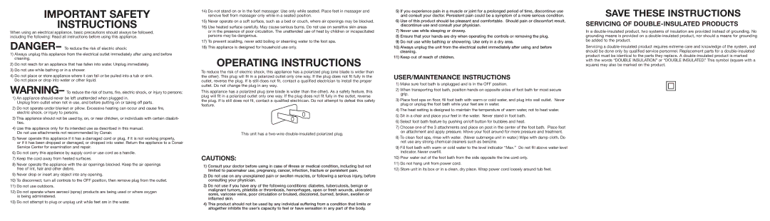 Conair Foot Massager operating instructions Important Safety Instructions, Operating Instructions 