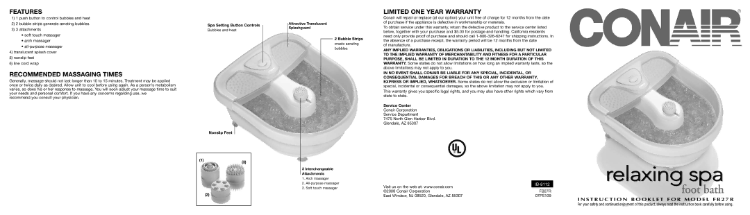 Conair Foot Massager operating instructions Features, Recommended Massaging Times 