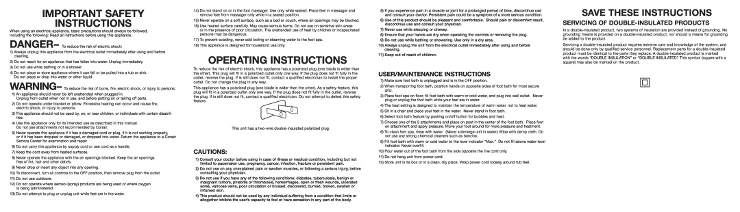 Conair Foot Massager operating instructions Cautions, User/Maintenance Instructions, Important Safety Instructions 