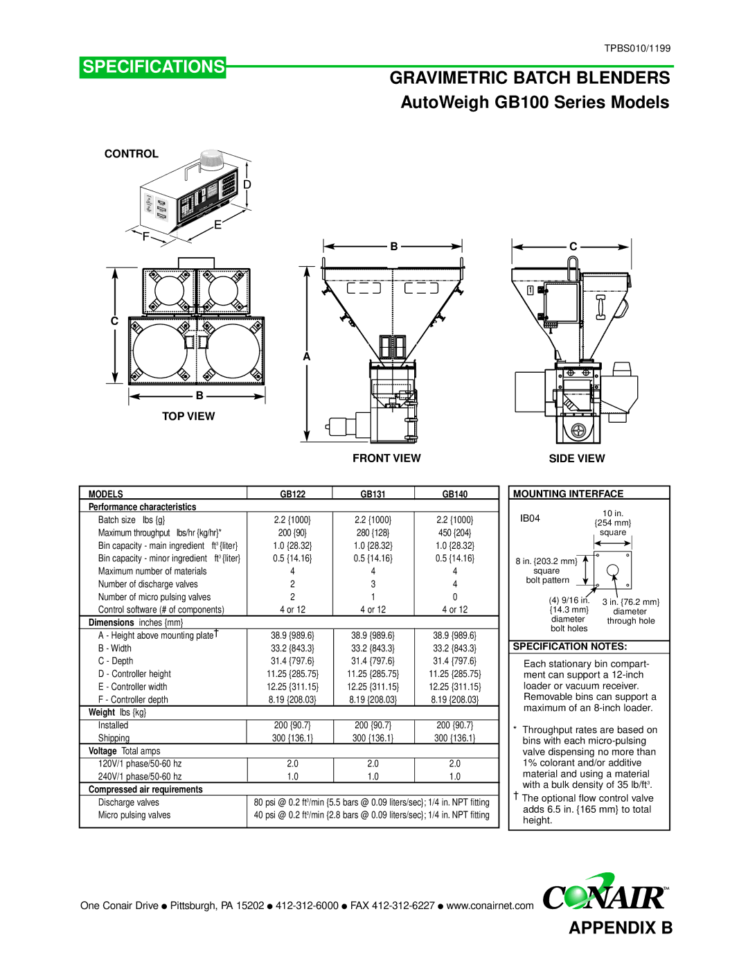 Conair GB/ WSB manual Gravimetric Batch Blenders AutoWeigh GB100 Series Models, TOP View Front View Side View 